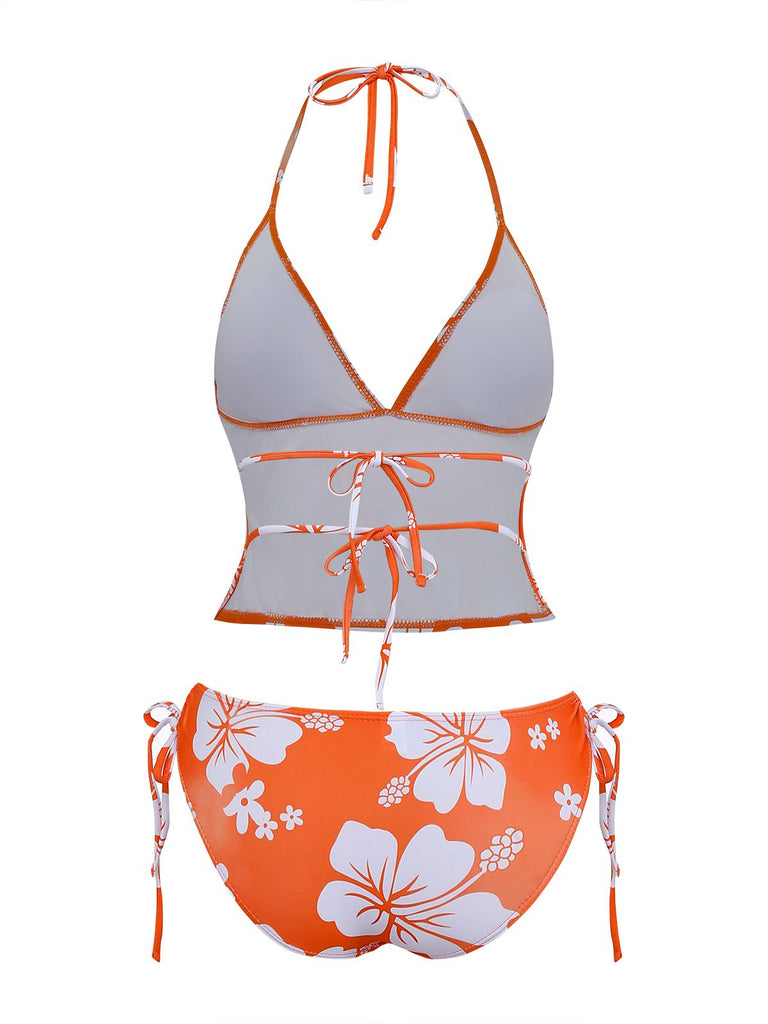 Set tankini arancione anni '70 con floreale tropicale e scollo all'americana