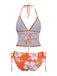 Set tankini arancione anni '70 con floreale tropicale e scollo all'americana