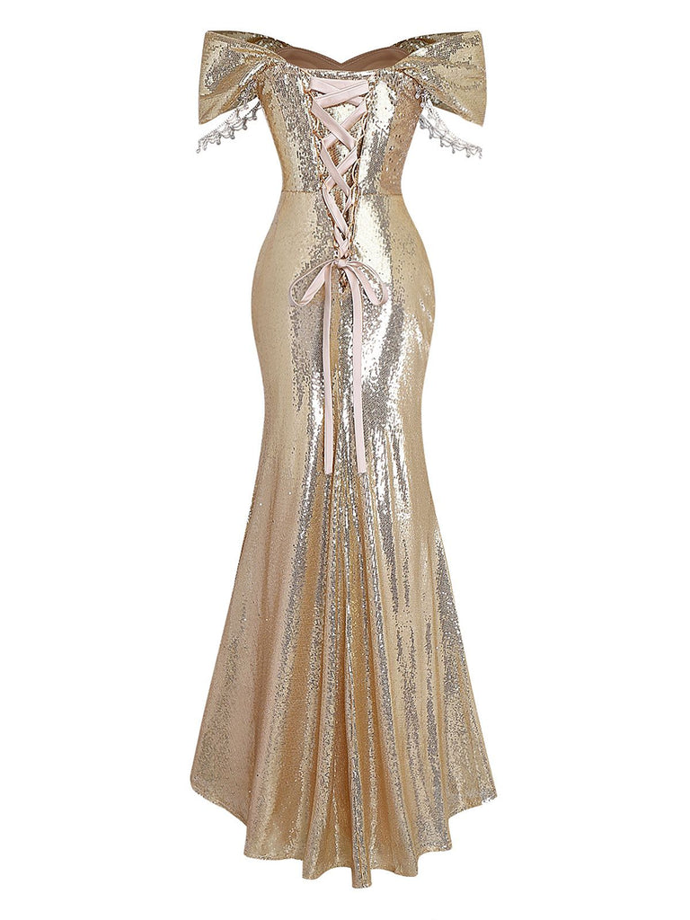 Abito da sera in paillettes con spalle scoperte oro anni '80