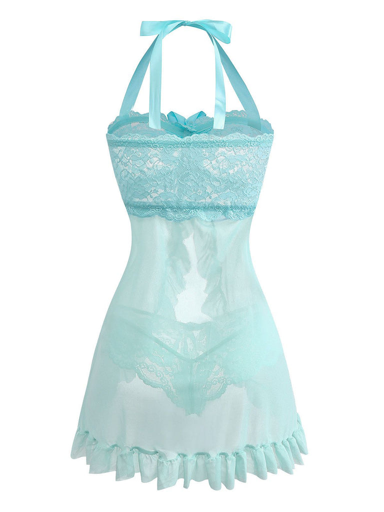 [Prevendita] Completo intimo in pizzo con fiocco e volant blu acqua anni '80
