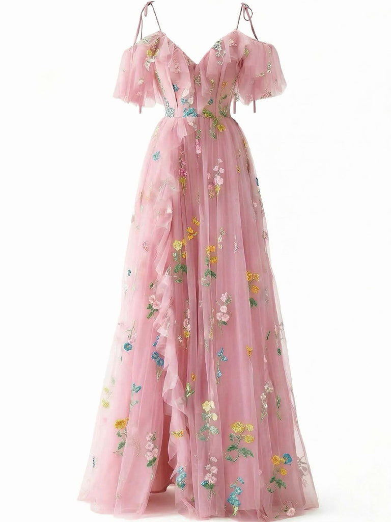 Abito in rete ricamato a fiori a sottoveste con spacco rosa anni '70