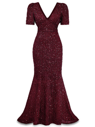 Abito lungo a sirena con fiocco di paillettes bordeaux anni '30