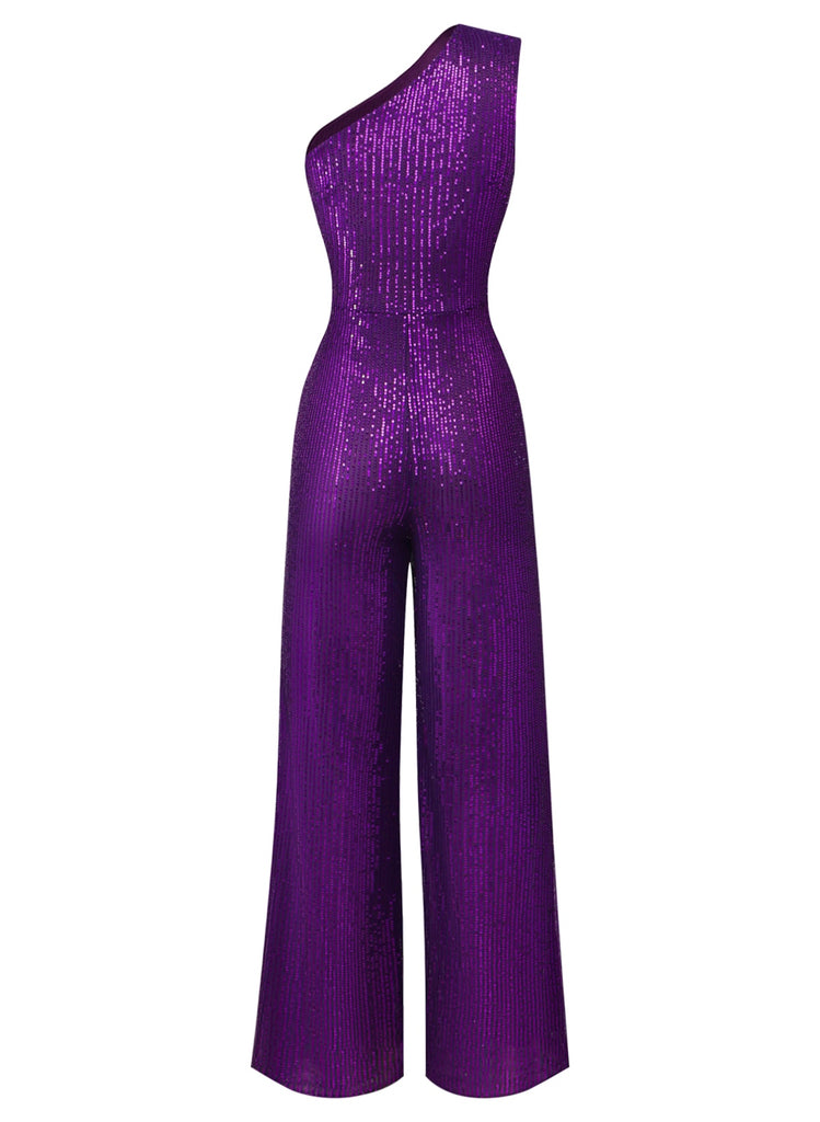 Tuta lunga monospalla con paillettes viola anni '70