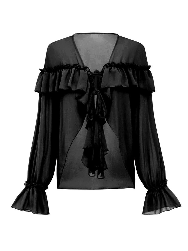 Blusa boho tinta unita con volant a cascata anni '70