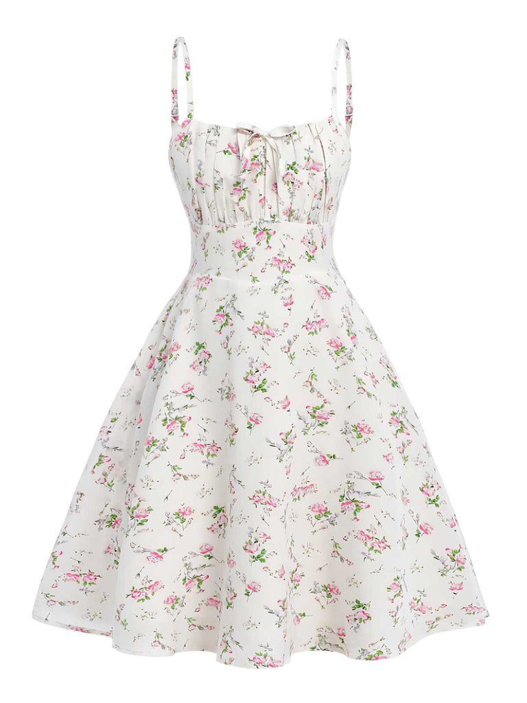 Abito a trapezio bianco floreale con spalline sottili anni '50