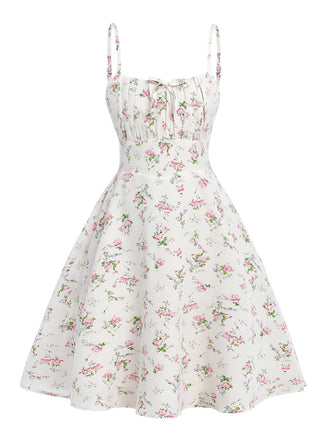 Abito a trapezio bianco floreale con spalline sottili anni '50