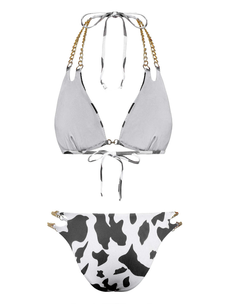 Set Bikini Anni '70 con Stampa Mucca a Coste