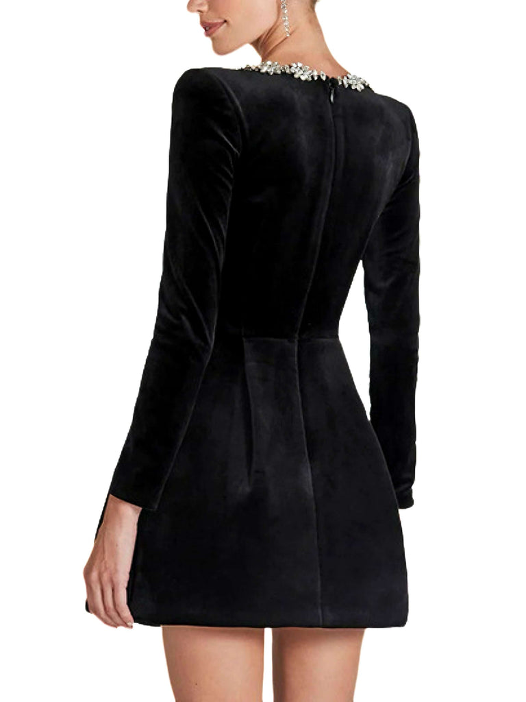 Abito in velluto con scollo quadrato e diamanti nero anni '60