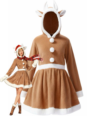 Abito in pile di corallo con cappuccio e renna natalizia anni '60