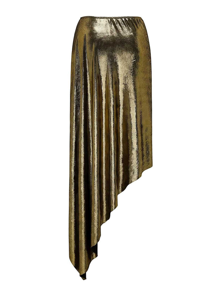 Side perspective of the metallic gold sarong, highlighting the asymmetrical hem and fringe detail.