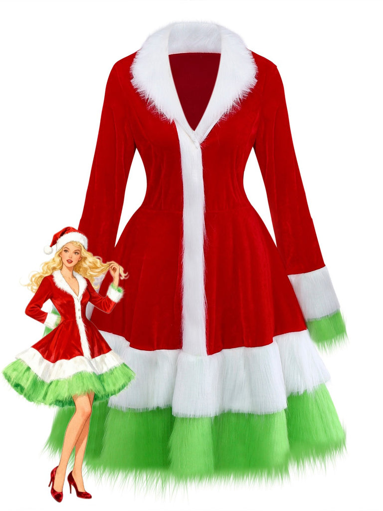 Abito con bordi in pelliccia del Grinch di Natale rosso anni '40