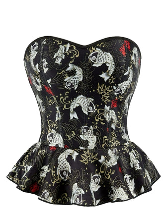 Corsetto stampa pesci koi con volant senza spalline nero anni '70