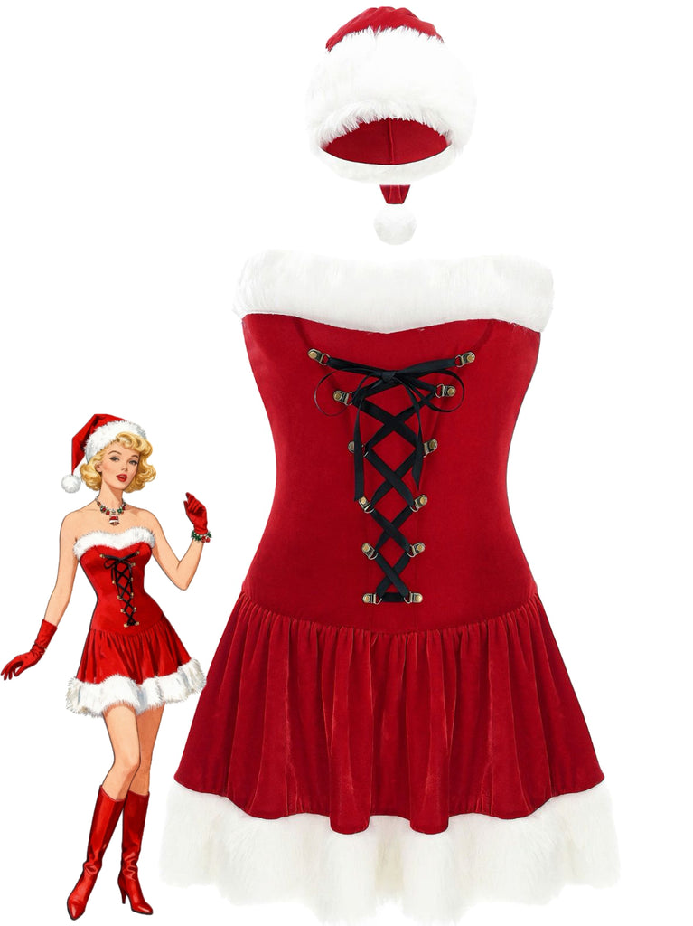 Abito da Babbo Natale in peluche con lacci e spalline rosso anni '70