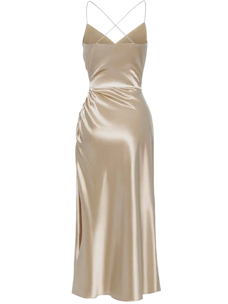 Abito sottoveste in raso senza schienale color champagne anni '30