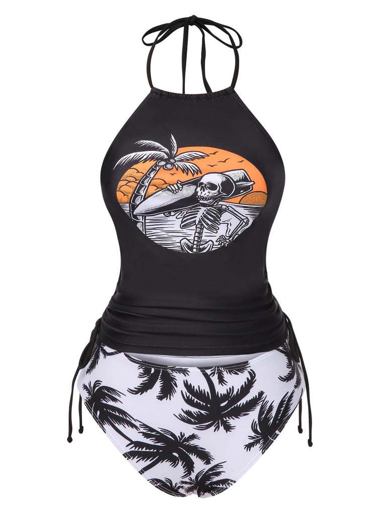 Bikini punk scheletro stampa da spiaggia nero anni '80
