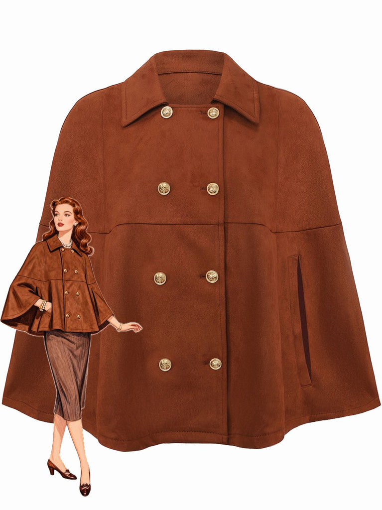 Mantella in pelle scamosciata doppiopetto con bottoni marrone anni '40