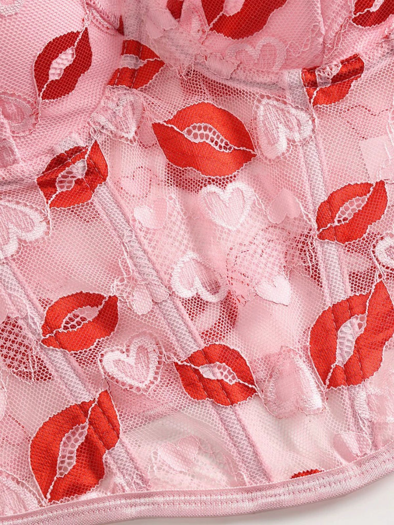 Corsetto in pizzo con stampa di baci San Valentino rosa anni '50