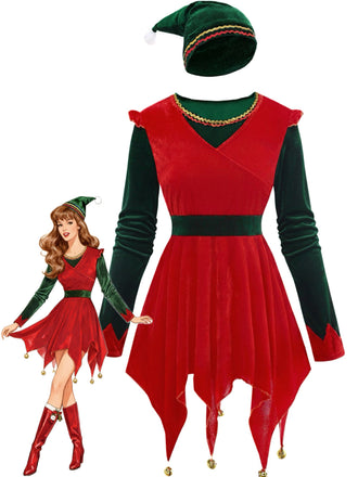 Completo con abito Jovie da elfo di Natale rosso anni '70