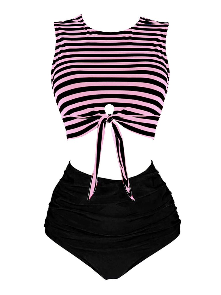 Costume da bagno patchwork a righe rosa e nero anni '70
