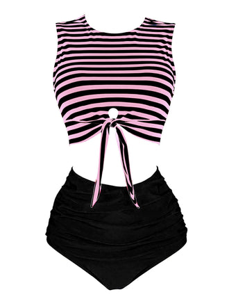 Costume da bagno patchwork a righe rosa e nero anni '70