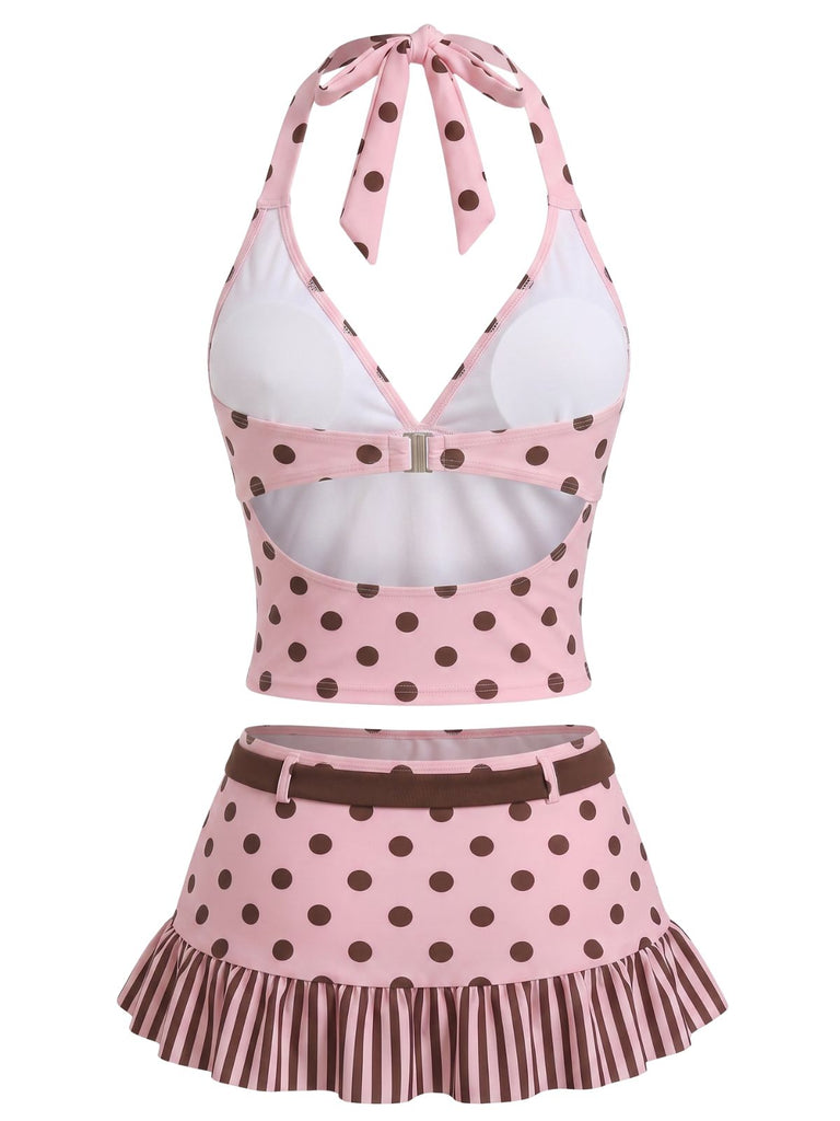 Set Tankini Marrone Scuro Anni '50 a Pois Con Scollo All'americana