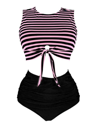 [Taglia Forti] Costumi a righe patchwork rosa e nero anni '70