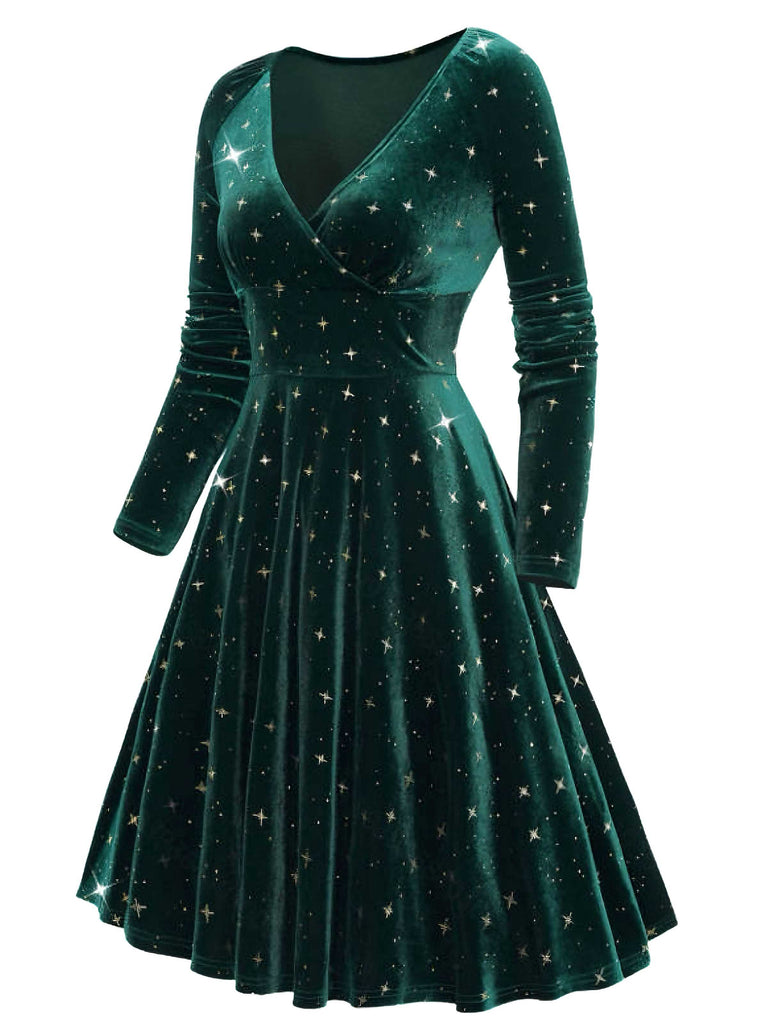 Abito in velluto con scollo a V e stelle verde scuro anni '40
