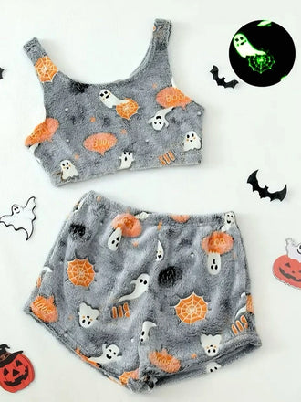 2PCS Pigiama in flanella con luminosa Halloween grigio anni '70