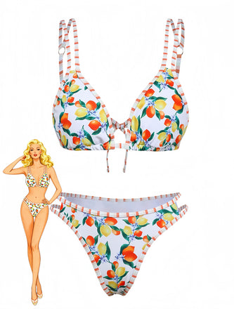 Set Bikini Anni '60 Bianco a Triangolo con Stampa Agrumi