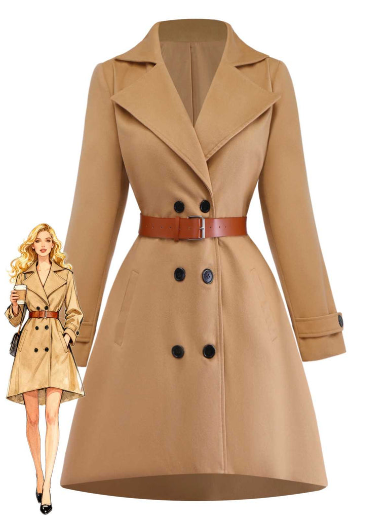 Cappotto doppiopetto con revers e cintura color cachi anni '40