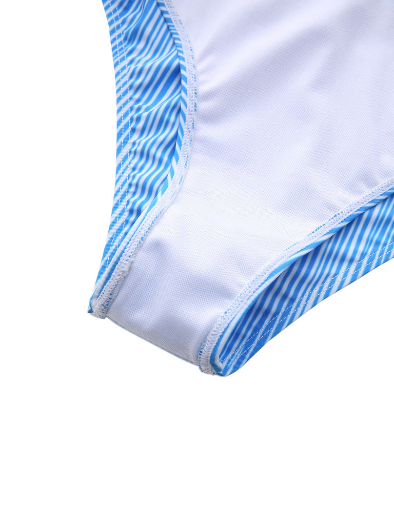 A dedicated view of the high-waisted bikini bottoms with a classic blue and white vertical stripe pattern.