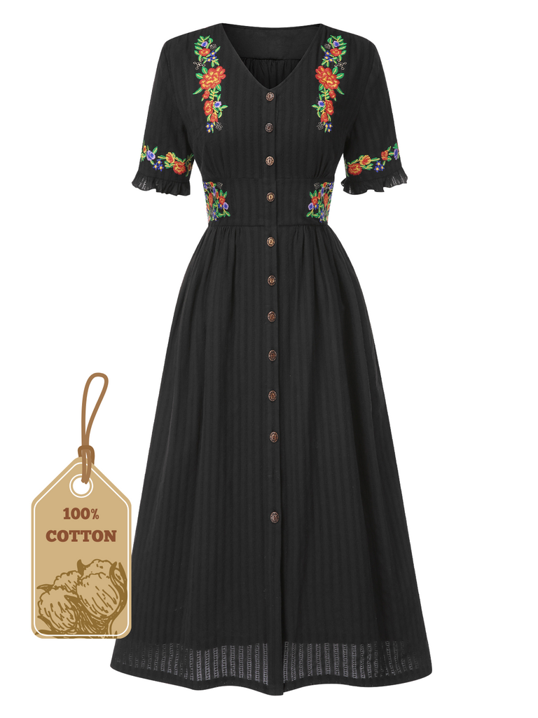 Abito in puro cotone floreale scollo a V nero anni '40
