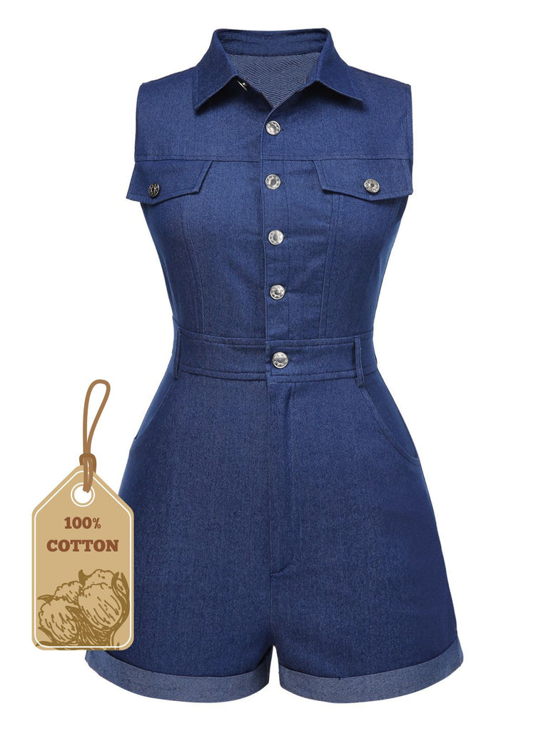[Prevendita] Tuta corta in cotone tinta unita in denim blu anni '70