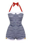 Costumi intero a righe con fiocco blu e bianco anni '50