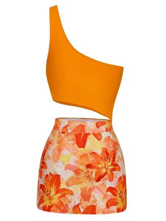 Costumi Intero con Gonna Anni '40 Monospalla con Fiori 3D