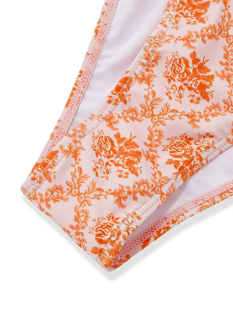 Set Tankini Arancione Anni '70 Floreale con Scollo a V Profondo
