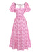 Front studio view of the pink floral midi dress highlighting the fitted waist and flared skirt.