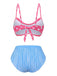 Back view of the bikini set highlighting the tie-back closure of the pink polka dot top and the full coverage of the striped bottoms.