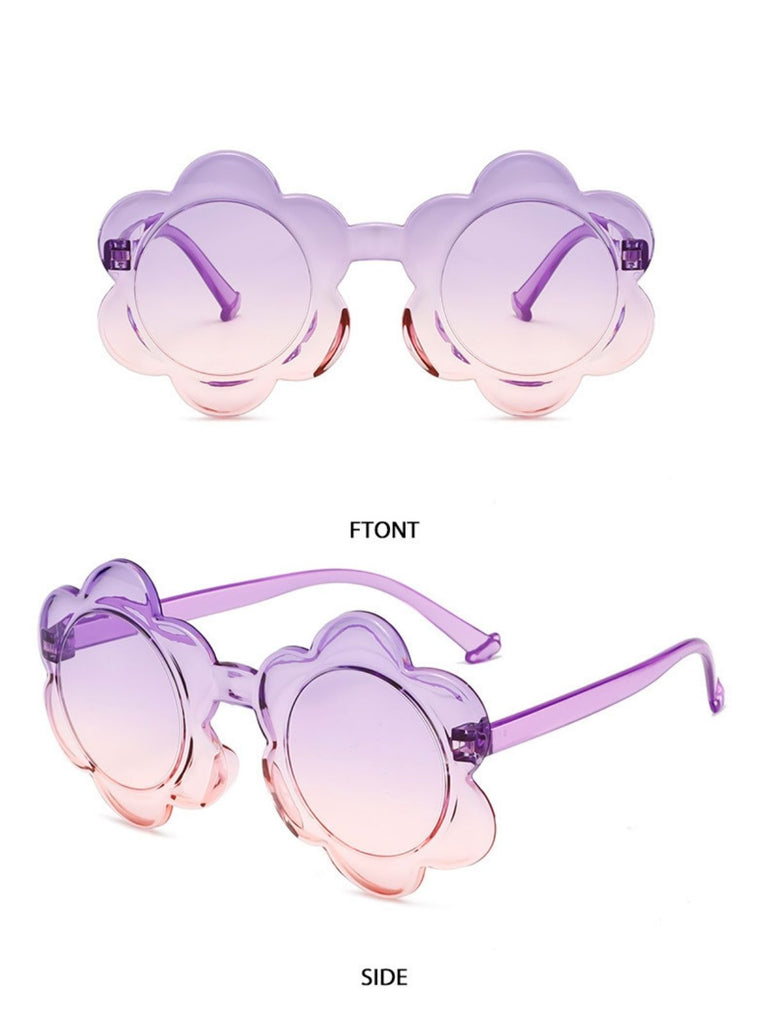 Purple and blue gradient flower-shaped sunglasses with clear purple frames shown in front and side perspectives.