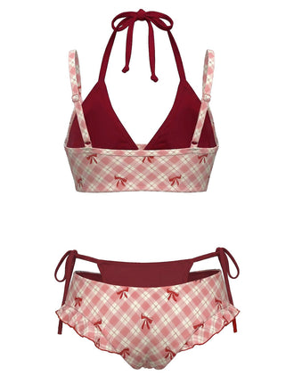 Set Bikini Rosso Anni '50 a Quadri con Fiocco e Doppio Strato