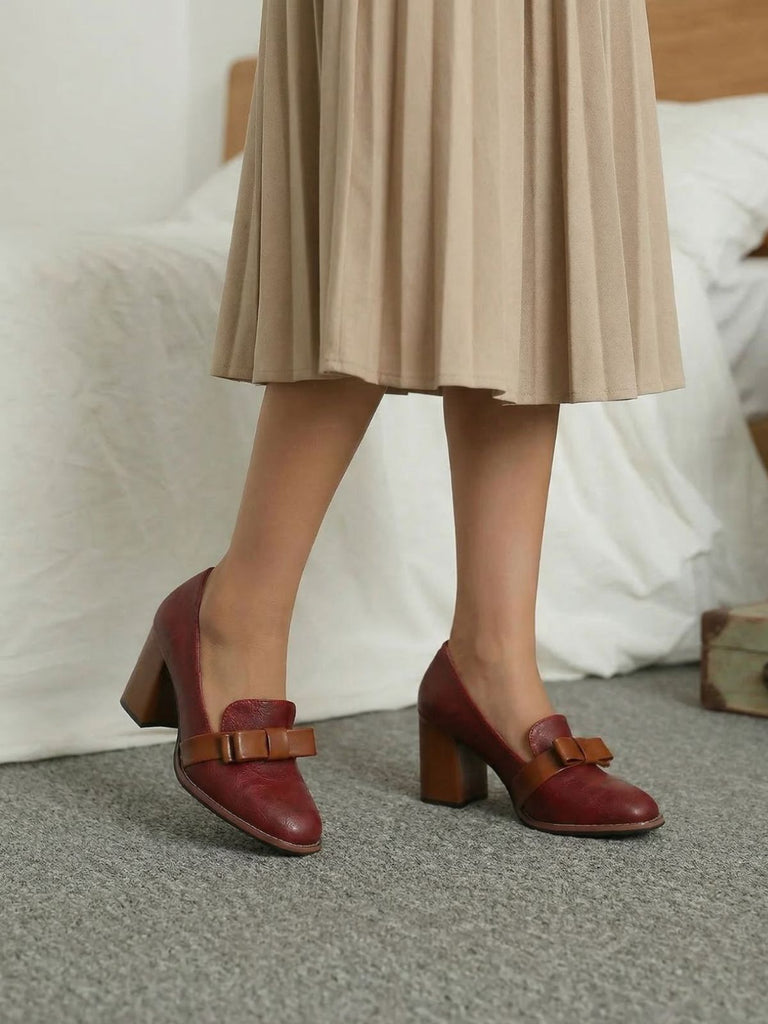 Scarpe con Fiocco Punta Quadrata e Tacco Grosso
