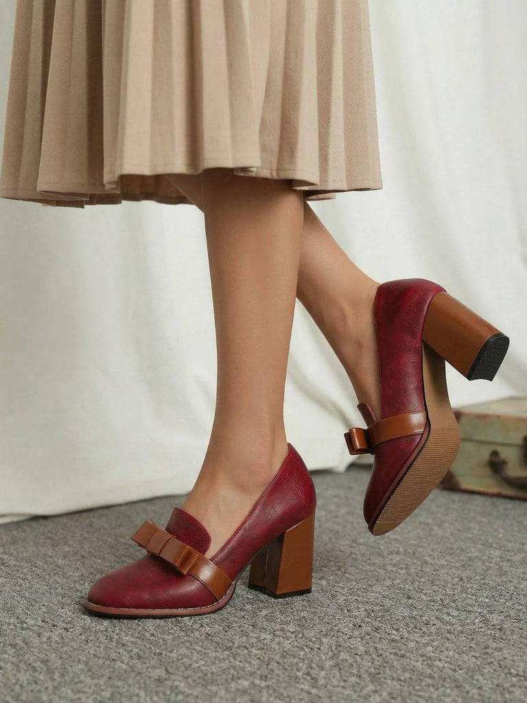 Scarpe con Fiocco Punta Quadrata e Tacco Grosso