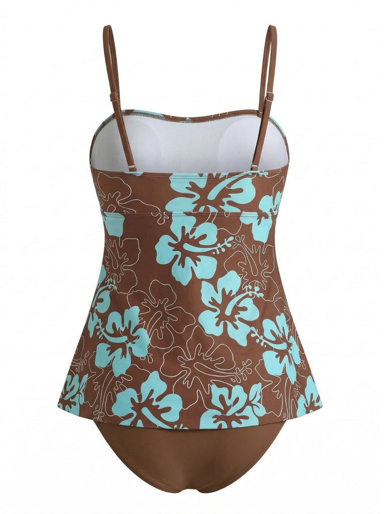 Rear view of the floral tankini showing the straight scoop-back design and the continuous hibiscus pattern.