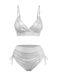 The high-waisted metallic bikini set in a shimmering silver color variant, front view.