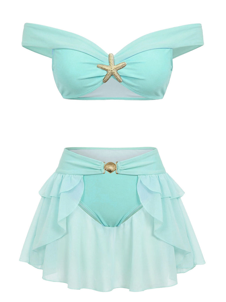 Set Bikini Anni '70 Petrolio Jasmine a Spalle Scoperte con Volant