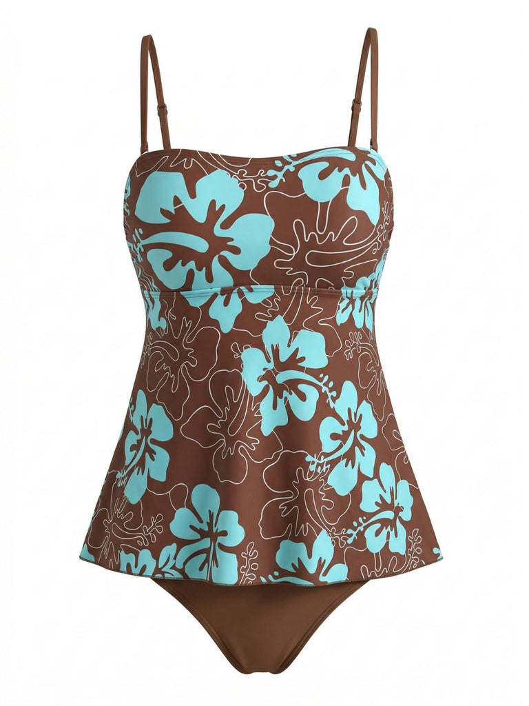 Full front view of the brown and turquoise tropical print tankini top paired with matching brown bikini bottoms.