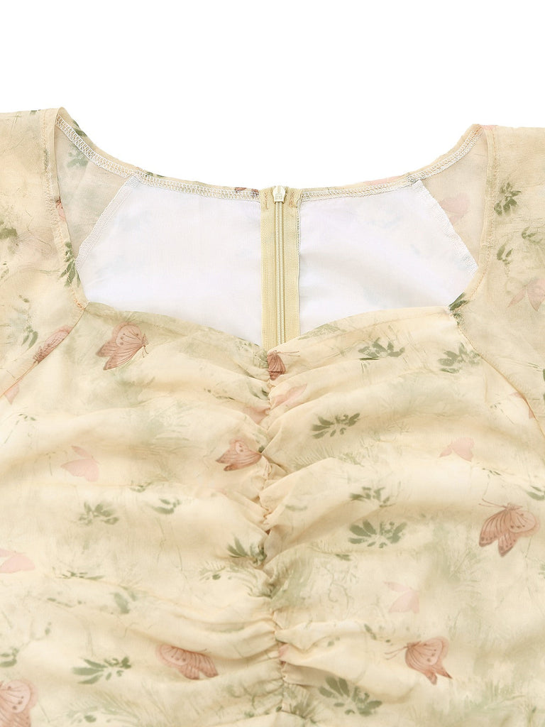 [Prevendita] Abito Verde Salvia Anni '30 in Chiffon con Farfalla e Maniche a Volant