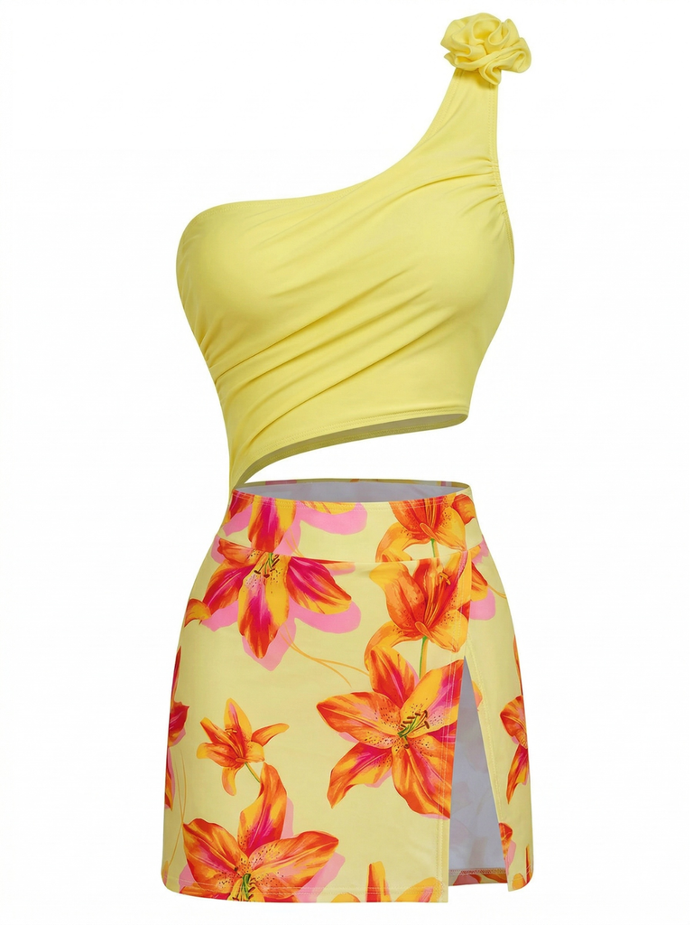 Costumi Intero con Gonna Anni '40 Monospalla con Fiori 3D