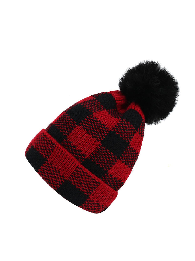 Cappello da genitore lavorato a maglia con palla di pelo scozzese rosso e nero
