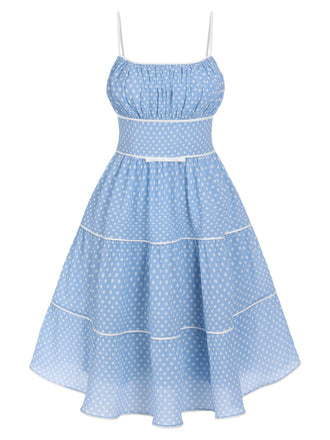 Abito azzurro a pois con cinturini anni '50